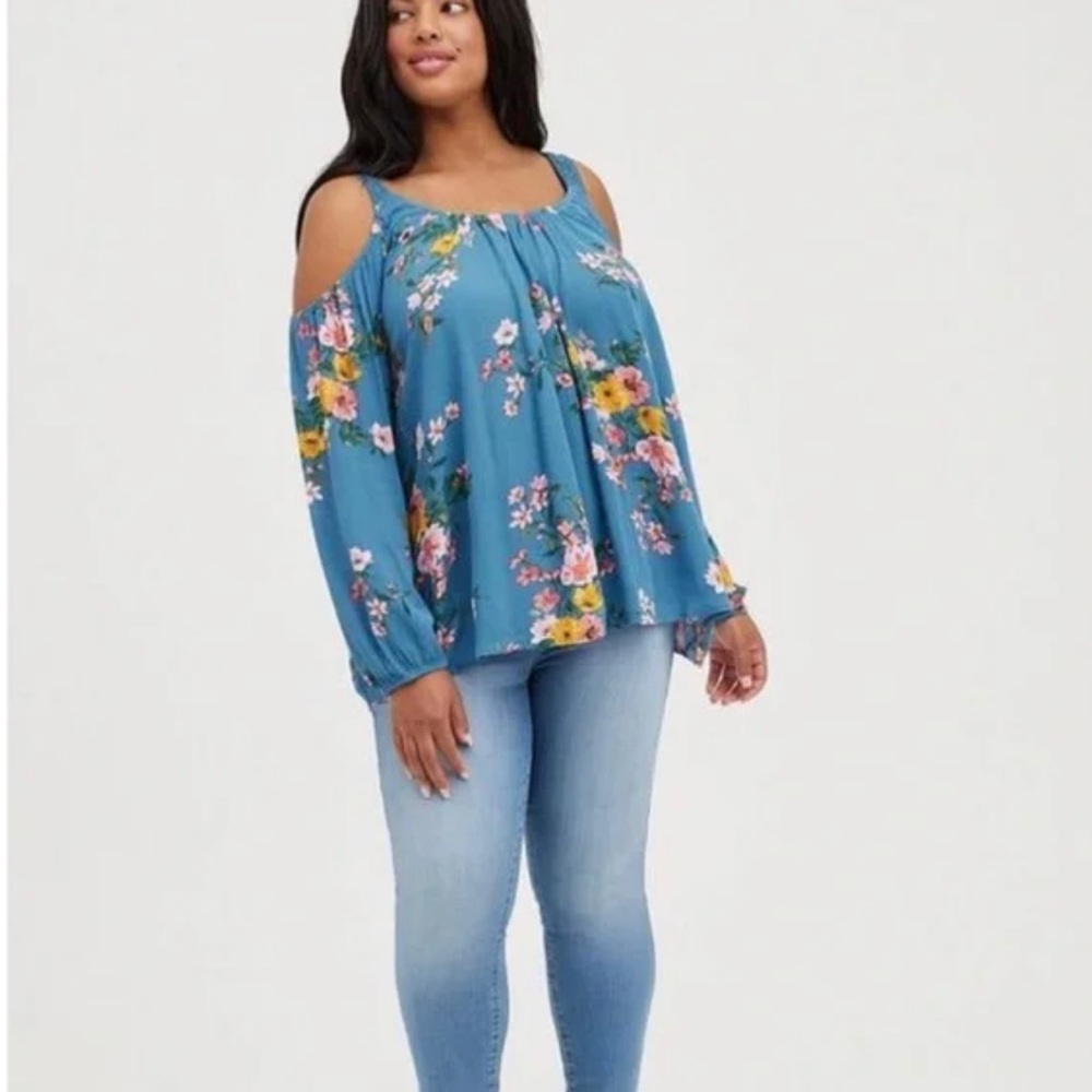 Torrid Blue Floral Cold Shoulder Blouse 2X